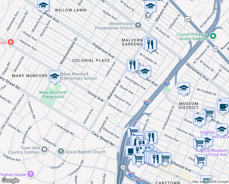 map of restaurants, bars, coffee shops, grocery stores, and more near 401 Malvern Avenue in Richmond
