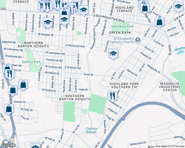 map of restaurants, bars, coffee shops, grocery stores, and more near 640 Dove Street in Richmond