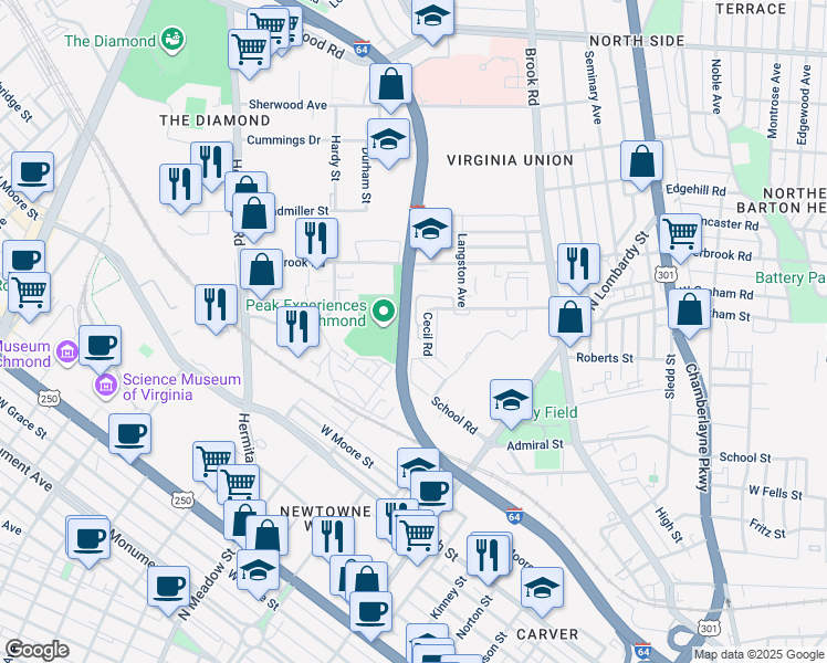 map of restaurants, bars, coffee shops, grocery stores, and more near 1324 West Roberts Street in Richmond