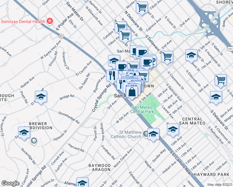 map of restaurants, bars, coffee shops, grocery stores, and more near 212 South El Camino Real in San Mateo