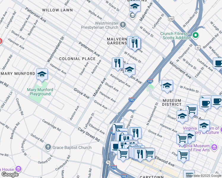 map of restaurants, bars, coffee shops, grocery stores, and more near 3919 Stuart Avenue in Richmond