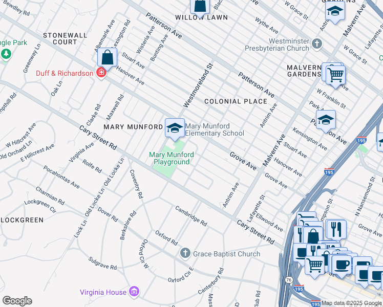 map of restaurants, bars, coffee shops, grocery stores, and more near 206 Willetta Drive in Richmond