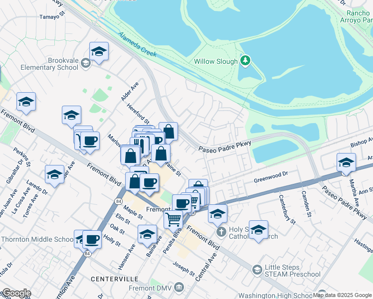 map of restaurants, bars, coffee shops, grocery stores, and more near 3485 Bridgewood Terrace in Fremont