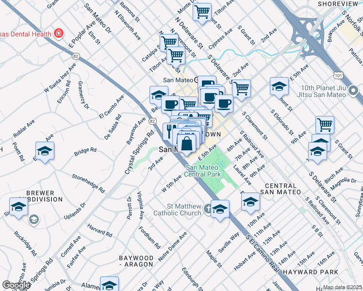 map of restaurants, bars, coffee shops, grocery stores, and more near in San Mateo