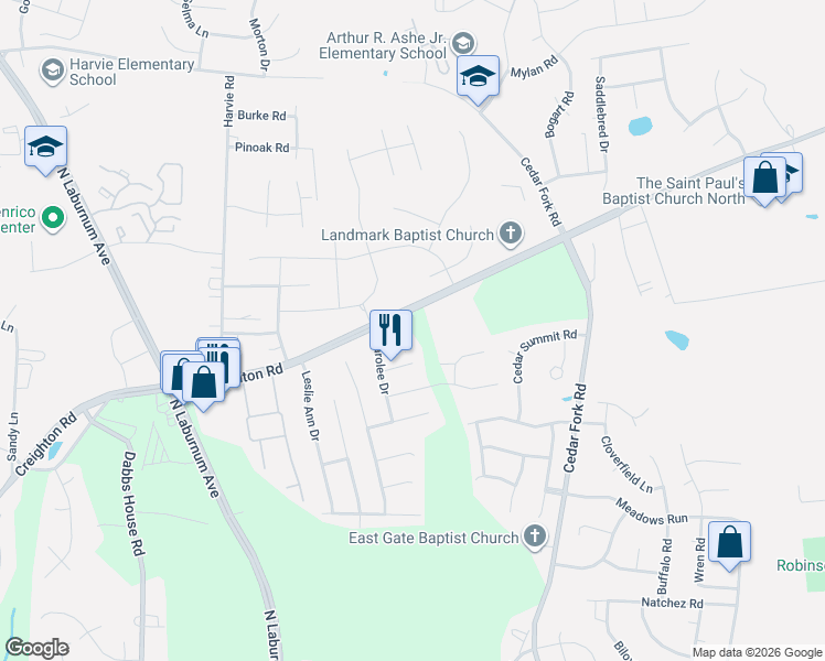 map of restaurants, bars, coffee shops, grocery stores, and more near 3824 Carolee Court in Richmond