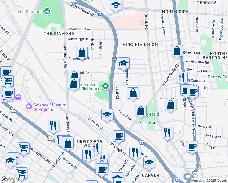map of restaurants, bars, coffee shops, grocery stores, and more near 1324 West Roberts Street in Richmond