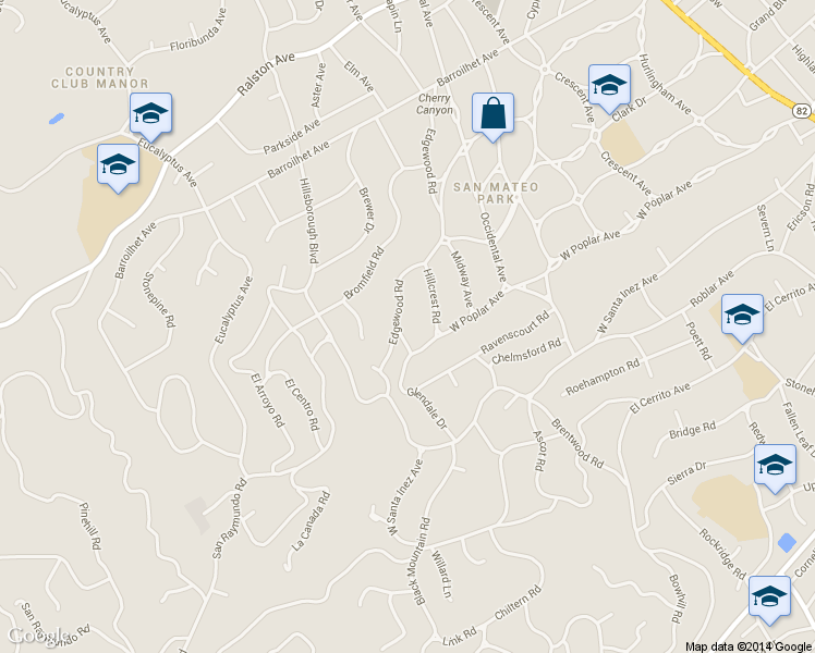 map of restaurants, bars, coffee shops, grocery stores, and more near 414 Edgewood Road in San Mateo