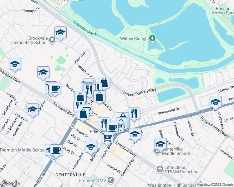 map of restaurants, bars, coffee shops, grocery stores, and more near 3402 Pinewood Terrace in Fremont