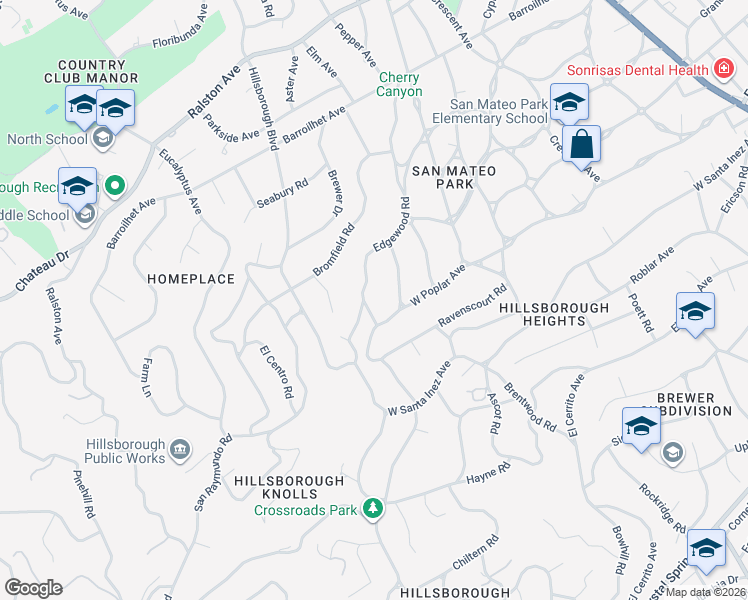map of restaurants, bars, coffee shops, grocery stores, and more near 414 Edgewood Road in San Mateo