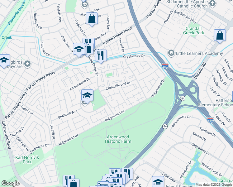 map of restaurants, bars, coffee shops, grocery stores, and more near 5049 Shalimar Circle in Fremont