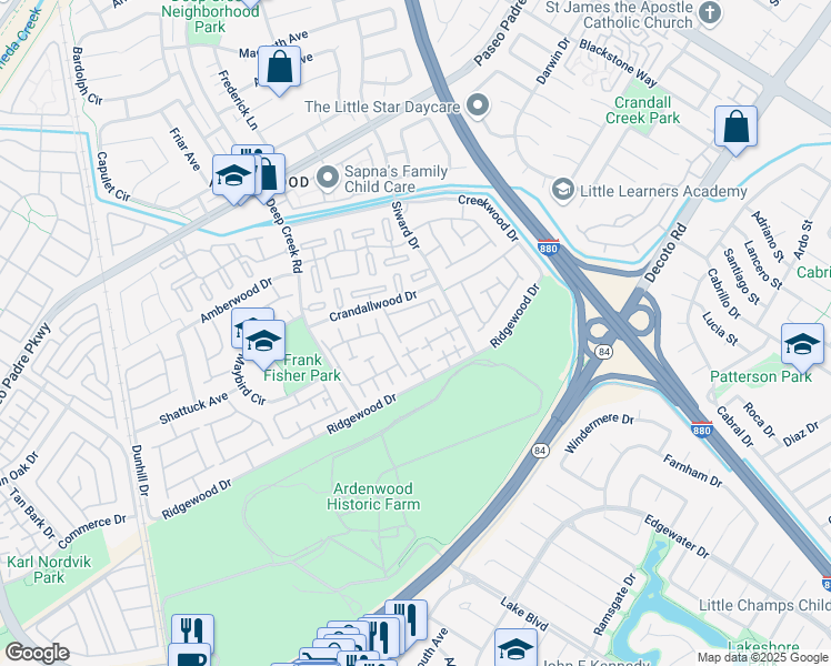 map of restaurants, bars, coffee shops, grocery stores, and more near 34739 Fairchild Common in Fremont