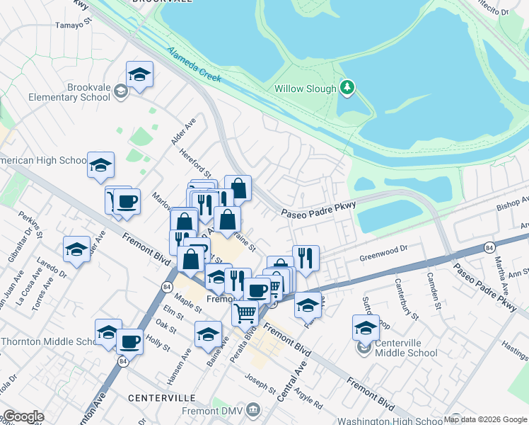 map of restaurants, bars, coffee shops, grocery stores, and more near 3402 Pinewood Terrace in Fremont