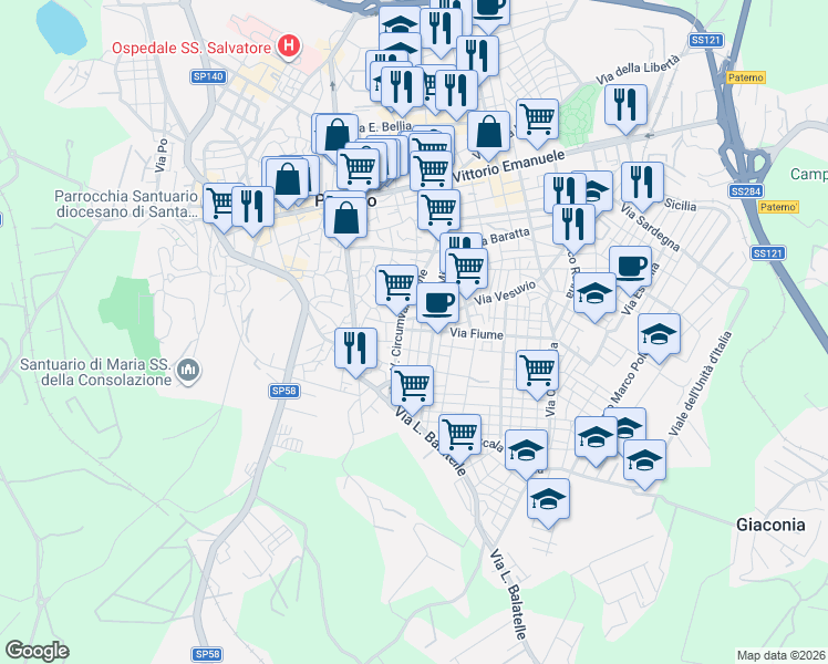 map of restaurants, bars, coffee shops, grocery stores, and more near 95 Via Pola in Paternò