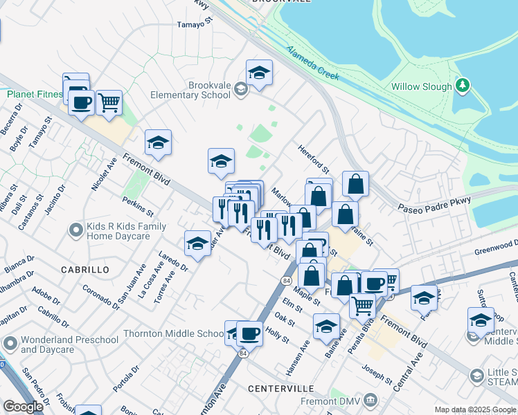 map of restaurants, bars, coffee shops, grocery stores, and more near 36588 Nettles Court in Fremont