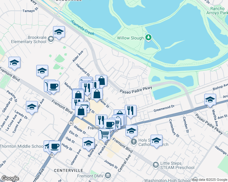 map of restaurants, bars, coffee shops, grocery stores, and more near 3467 Pinewood Terrace in Fremont