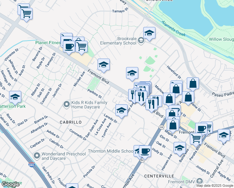 map of restaurants, bars, coffee shops, grocery stores, and more near 4093 Alder Terrace in Fremont