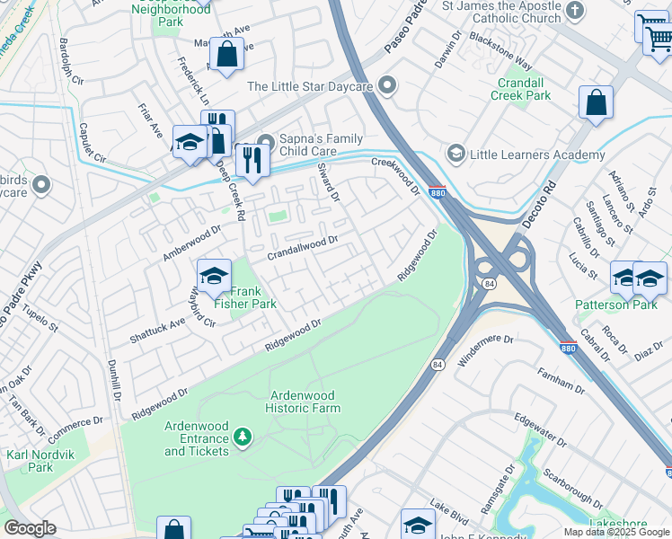map of restaurants, bars, coffee shops, grocery stores, and more near 34739 Fairchild Common in Fremont