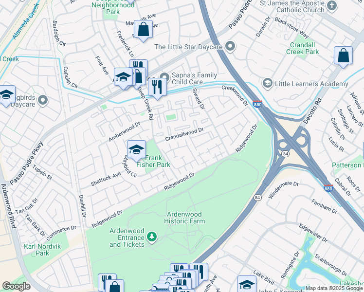map of restaurants, bars, coffee shops, grocery stores, and more near 5049 Shalimar Circle in Fremont
