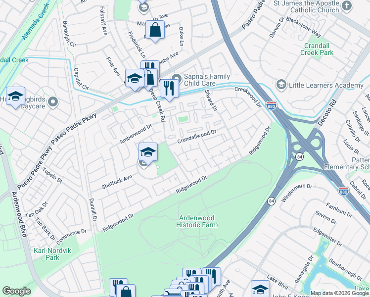 map of restaurants, bars, coffee shops, grocery stores, and more near 34651 Loreal Terrace in Fremont