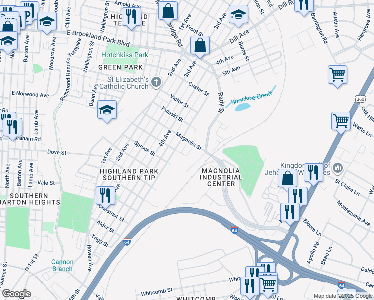 map of restaurants, bars, coffee shops, grocery stores, and more near 2500 Robert Moore Circle in Richmond