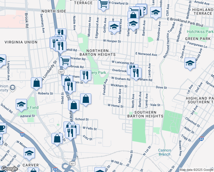 map of restaurants, bars, coffee shops, grocery stores, and more near 2125 Fendall Avenue in Richmond