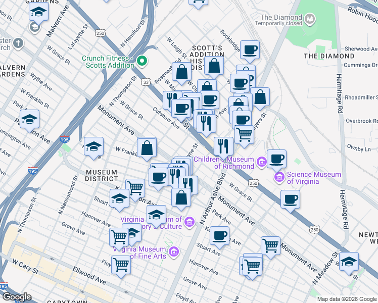 map of restaurants, bars, coffee shops, grocery stores, and more near 29 Wayne Street in Richmond