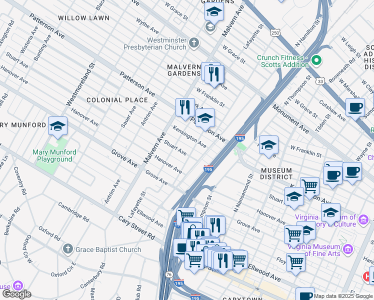 map of restaurants, bars, coffee shops, grocery stores, and more near 3902 Stuart Avenue in Richmond