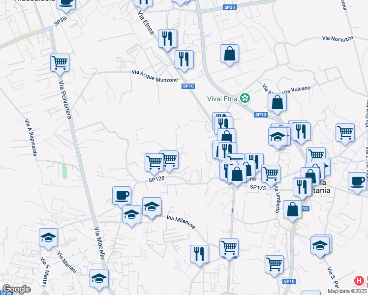 map of restaurants, bars, coffee shops, grocery stores, and more near 10 Via Santa Elia in Gravina di Catania