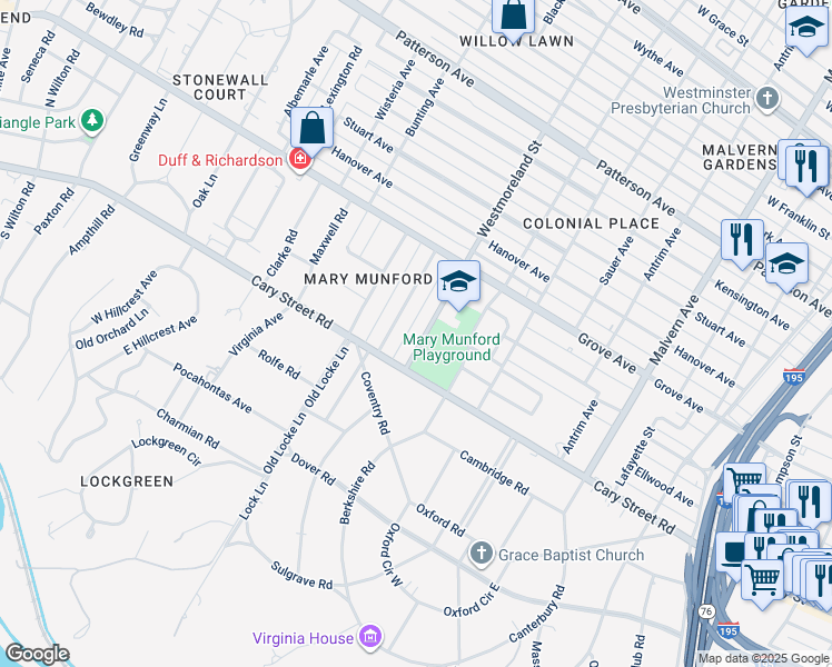map of restaurants, bars, coffee shops, grocery stores, and more near 102 Westmoreland Street in Richmond