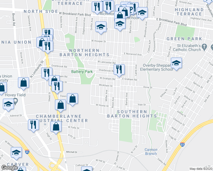 map of restaurants, bars, coffee shops, grocery stores, and more near 2200 Miller Avenue in Richmond