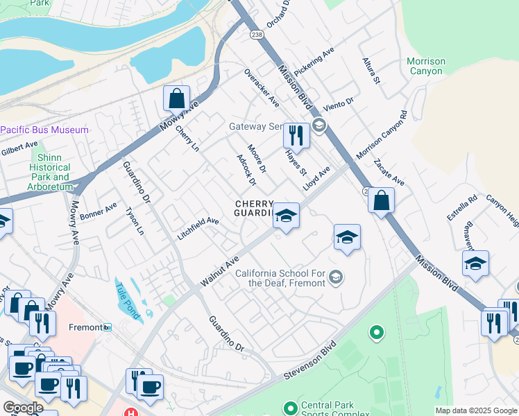 map of restaurants, bars, coffee shops, grocery stores, and more near in Fremont