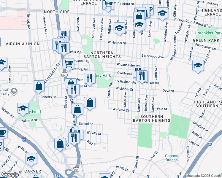 map of restaurants, bars, coffee shops, grocery stores, and more near 2125 Fendall Avenue in Richmond