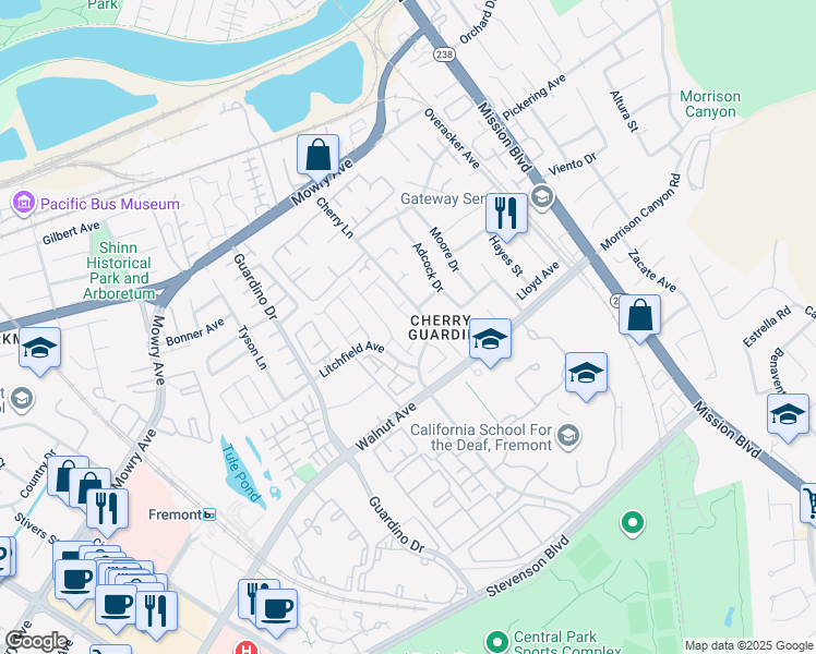 map of restaurants, bars, coffee shops, grocery stores, and more near 38851 Stillwater Common in Fremont