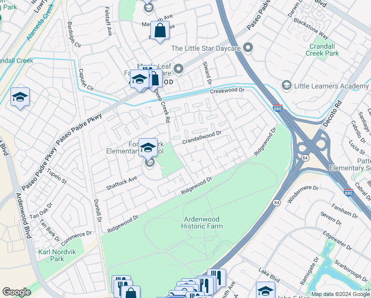map of restaurants, bars, coffee shops, grocery stores, and more near 34625 Musk Terrace in Fremont