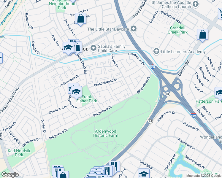 map of restaurants, bars, coffee shops, grocery stores, and more near 34565 Pueblo Terrace in Fremont