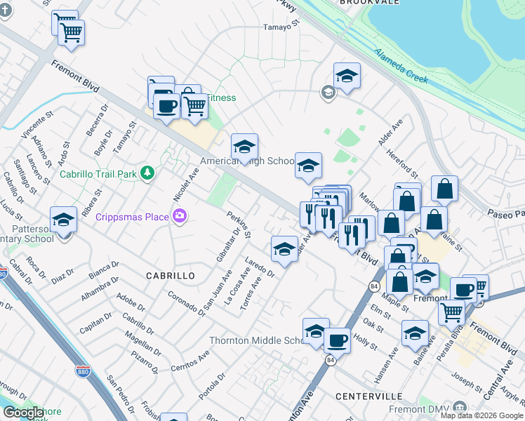 map of restaurants, bars, coffee shops, grocery stores, and more near 36281 Fremont Boulevard in Fremont