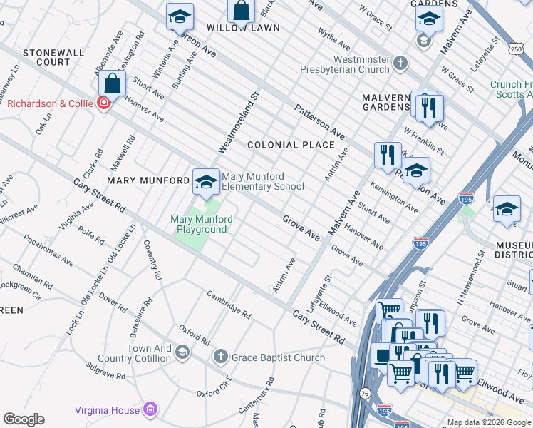 map of restaurants, bars, coffee shops, grocery stores, and more near 4218 Kingcrest Parkway in Richmond