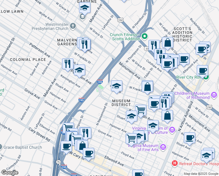 map of restaurants, bars, coffee shops, grocery stores, and more near 606 North Nansemond Street in Richmond