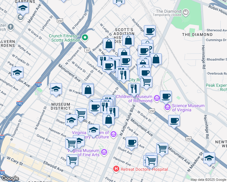 map of restaurants, bars, coffee shops, grocery stores, and more near 3000 West Grace Street in Richmond