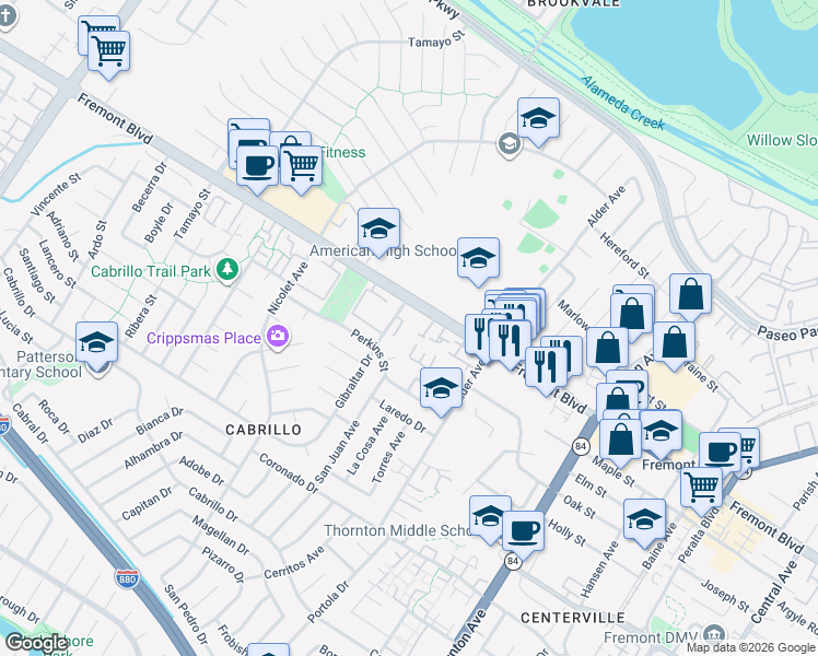 map of restaurants, bars, coffee shops, grocery stores, and more near 36281 Fremont Boulevard in Fremont