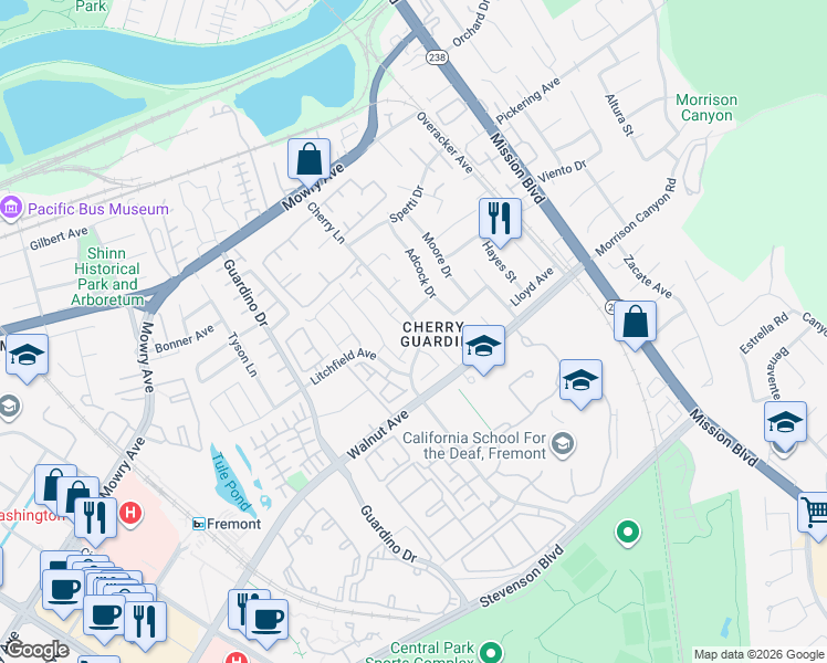 map of restaurants, bars, coffee shops, grocery stores, and more near 38902 Applegate Terrace in Fremont