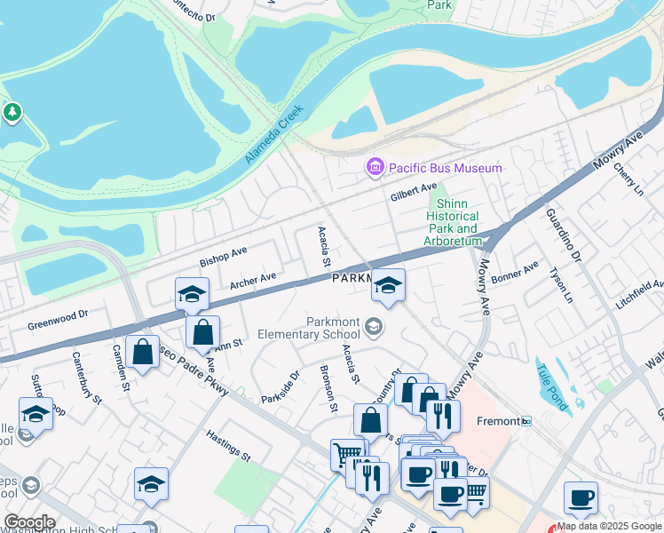 map of restaurants, bars, coffee shops, grocery stores, and more near 1819 California 84 in Fremont