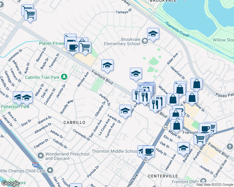 map of restaurants, bars, coffee shops, grocery stores, and more near 4093 Alder Terrace in Fremont