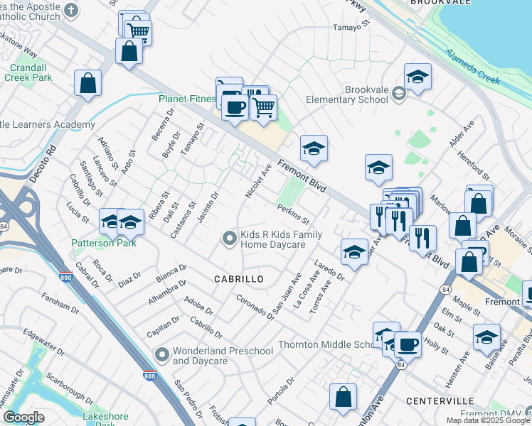 map of restaurants, bars, coffee shops, grocery stores, and more near 36010 Wellington Place in Fremont