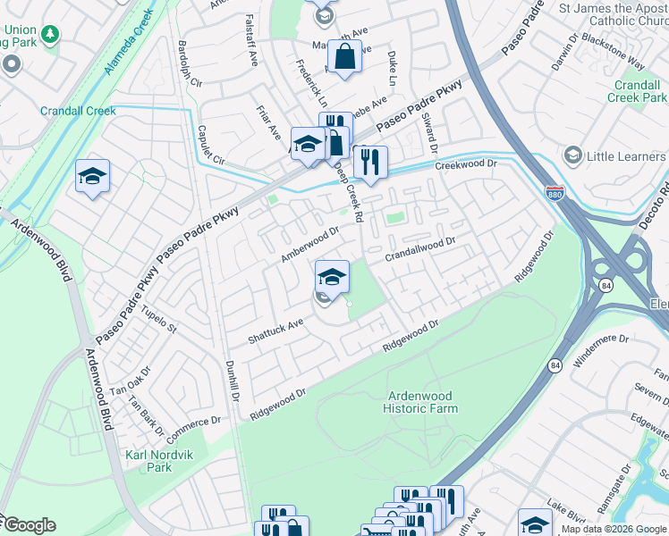 map of restaurants, bars, coffee shops, grocery stores, and more near 34344 Maybird Circle in Fremont