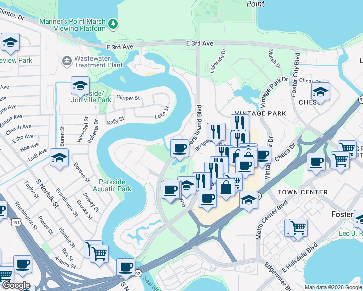 map of restaurants, bars, coffee shops, grocery stores, and more near 735 Fathom Drive in San Mateo