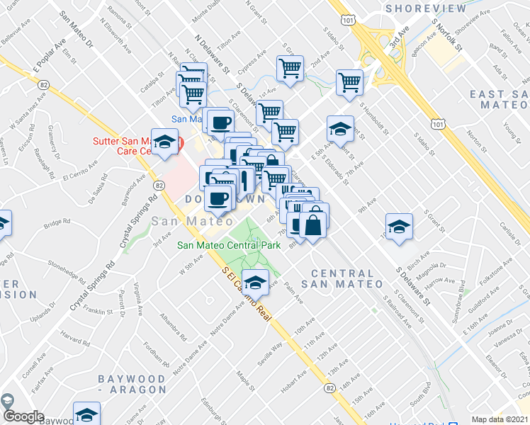 map of restaurants, bars, coffee shops, grocery stores, and more near 222 6th Avenue in San Mateo