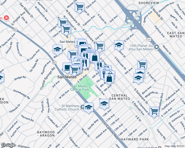 map of restaurants, bars, coffee shops, grocery stores, and more near 222 6th Avenue in San Mateo