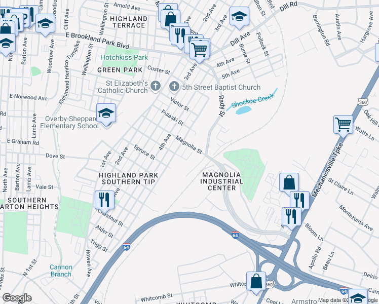 map of restaurants, bars, coffee shops, grocery stores, and more near 2510 Robert Moore Circle in Richmond