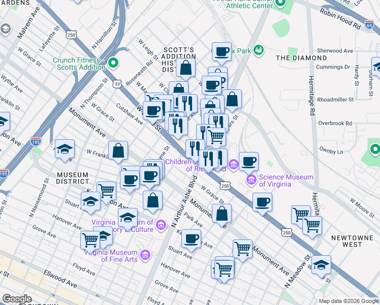 map of restaurants, bars, coffee shops, grocery stores, and more near 2808 West Broad Street in Richmond